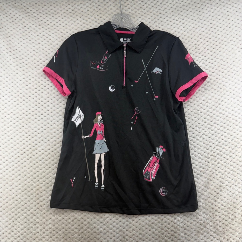 IZOD Golf Polo Women Medium Black Pink Novelty Graphic Quarter Zip Cool FX Shirt - Picture 2 of 8